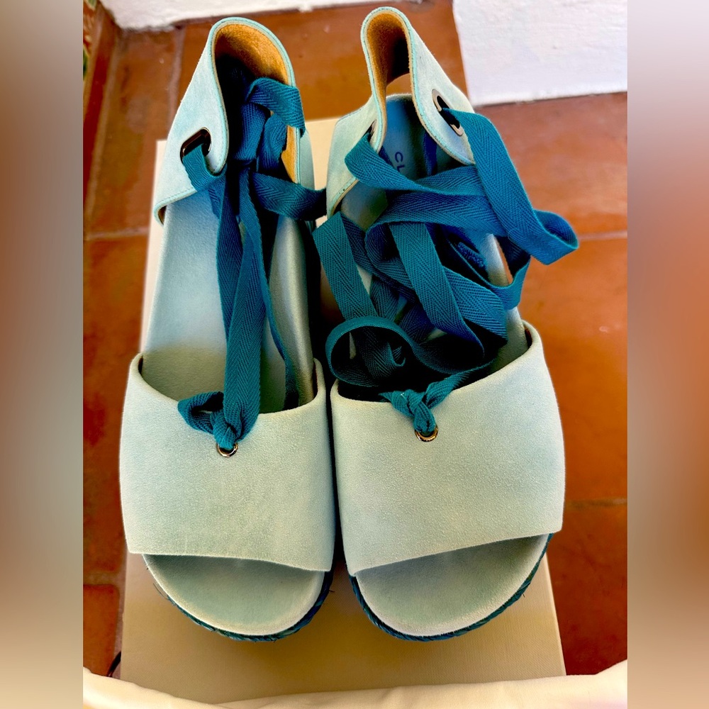 Robert Clergerie light blue suede wedge espadrille sandal w/ ankle tie Size US 7